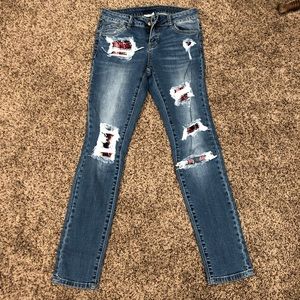 Distressed Skinny Jeans w/ Plaid
